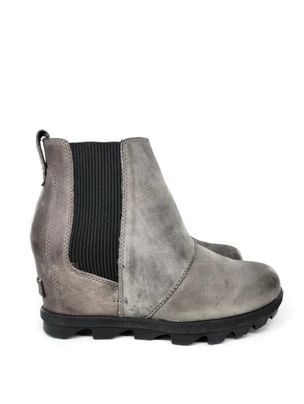 Sorel Joan of Arctic Grey Leather Waterproof Pull-On Lug-Sole Wedge Heel Boots